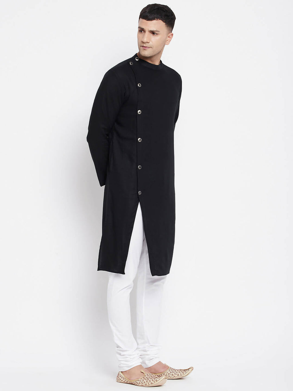 Even Apparels Black Pure Cotton Men's Sherwani Kurta With Asymetrical Cut - Distacart
