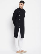 Even Apparels Black Pure Cotton Men's Sherwani Kurta With Asymetrical Cut - Distacart