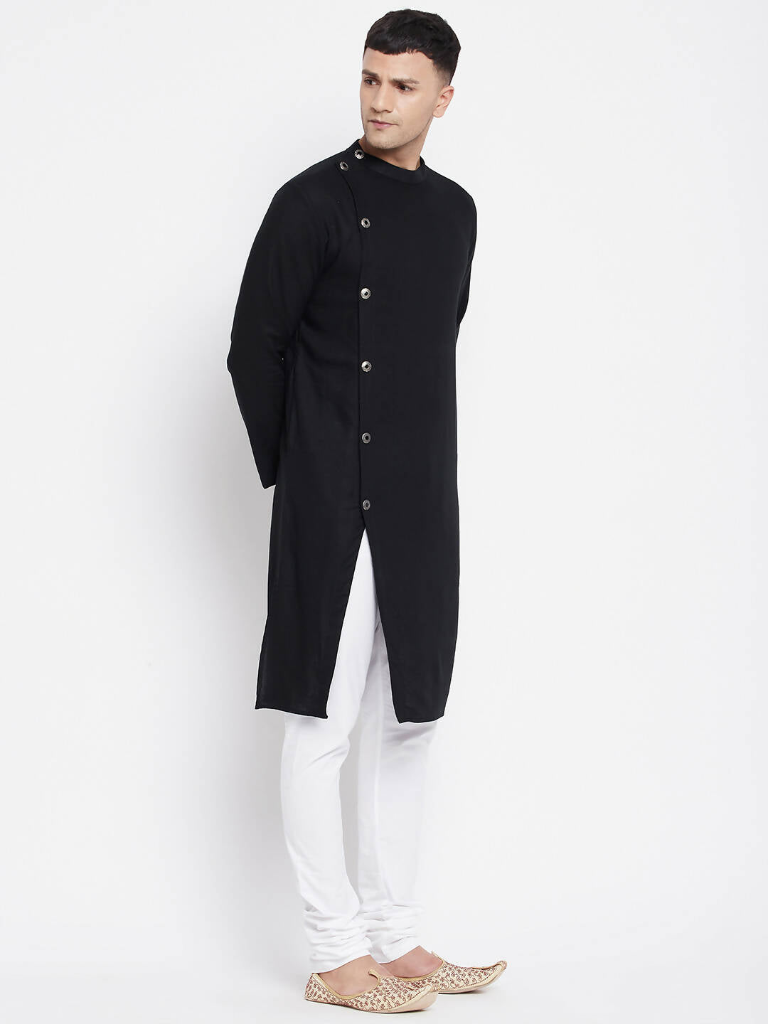 Even Apparels Black Pure Cotton Men's Sherwani Kurta With Asymetrical Cut - Distacart