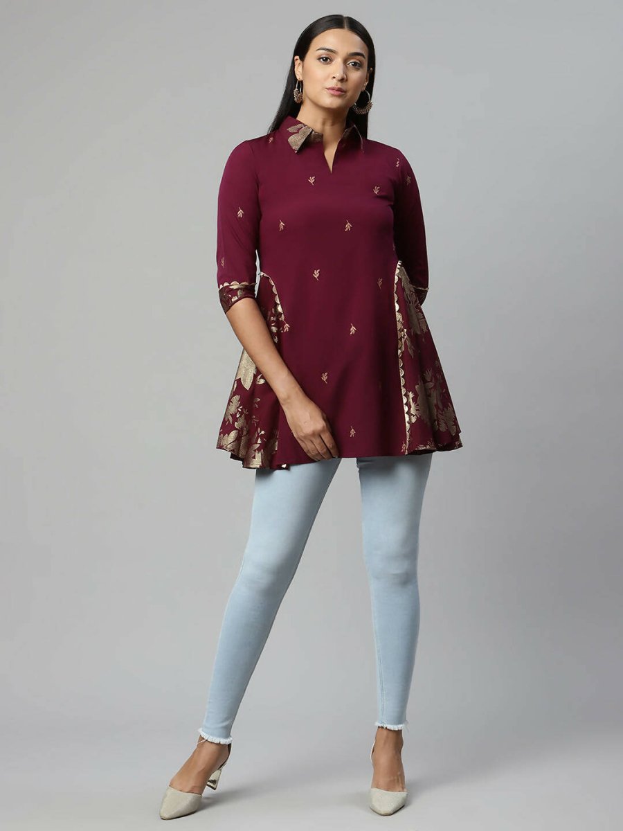 Ahalyaa Women Wine Crepe Printed Tunic - Distacart