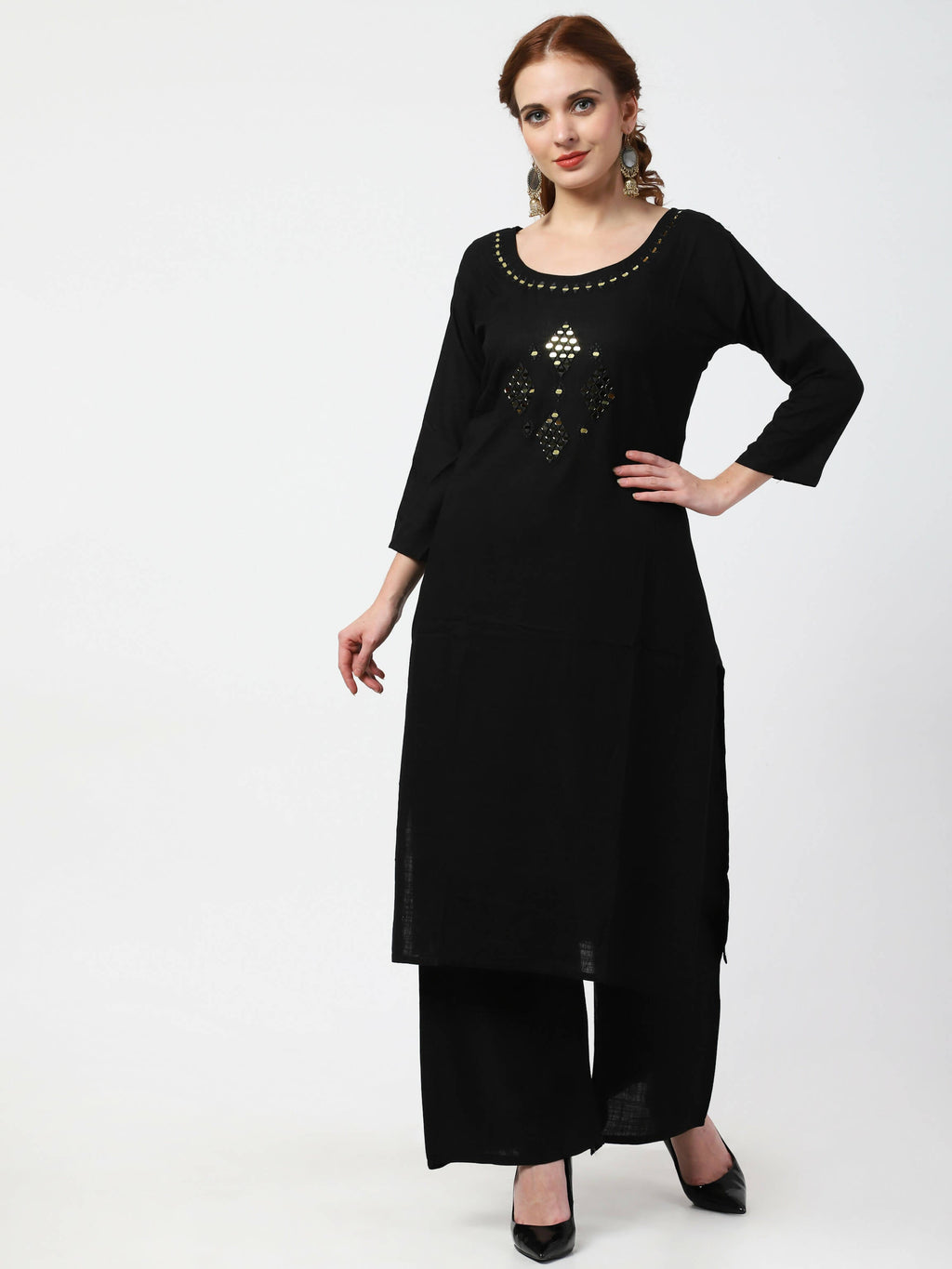 Cheera Women's Black Rayon Slub Kurta Palazzo Organza Silk Dupatta Set