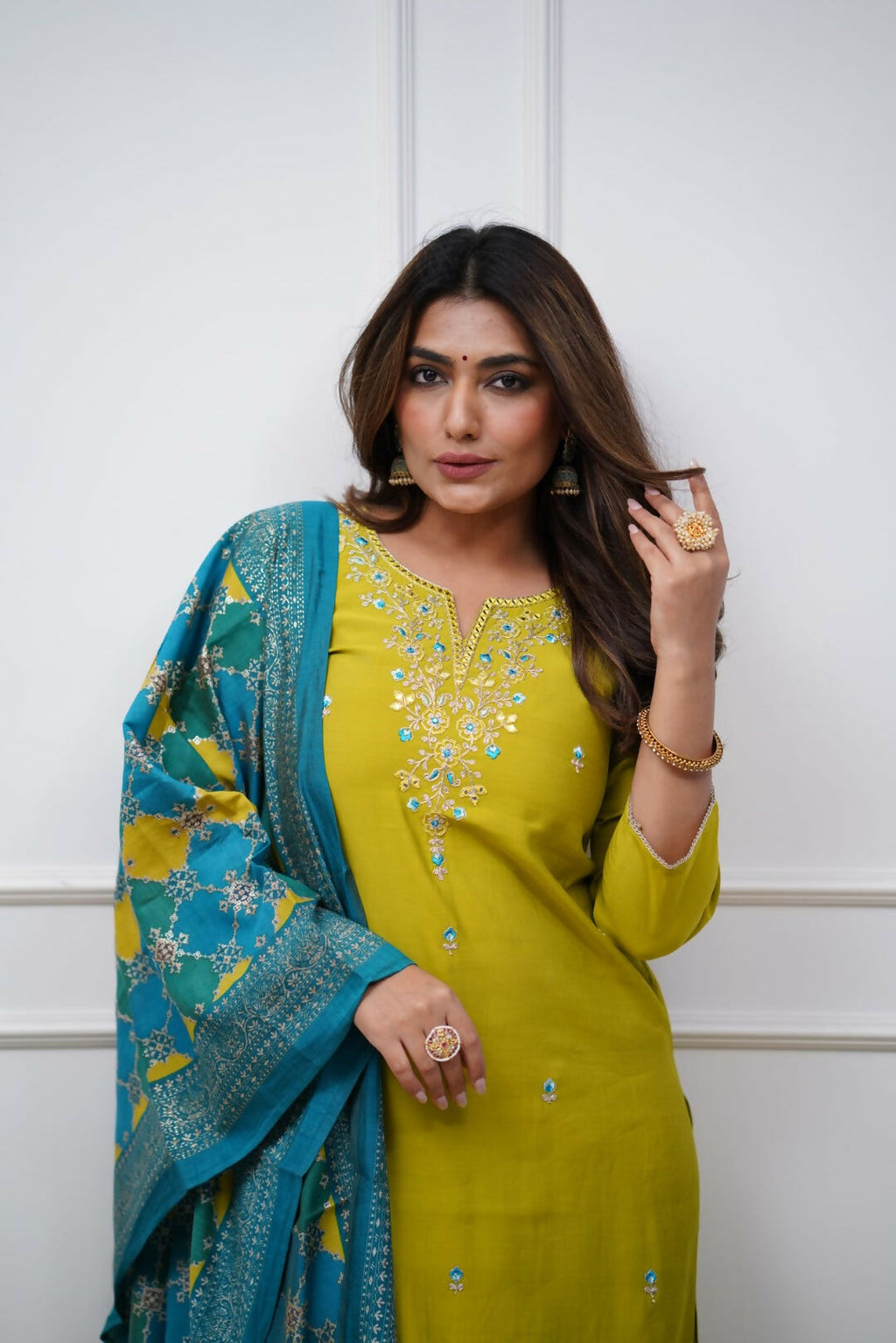 The52 Lemon Beautiful Embroidered Viscose Chanderi Fabric Straight Kurta Pant with Dupatta Set - Distacart
