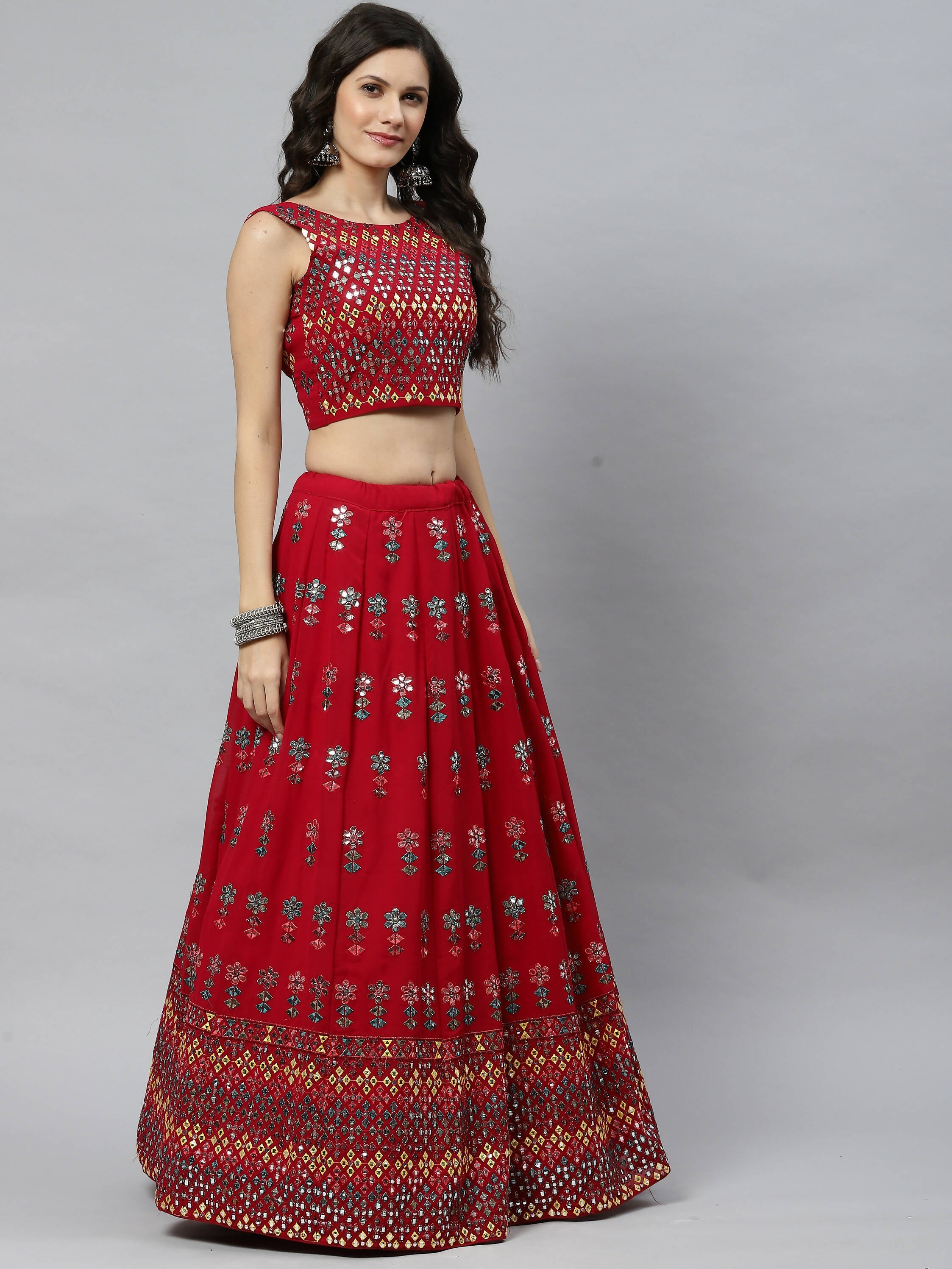 Deep Pink Georgette Heavy Embroidery mirror Work Lehenga Choli with Dupatta - Jivika