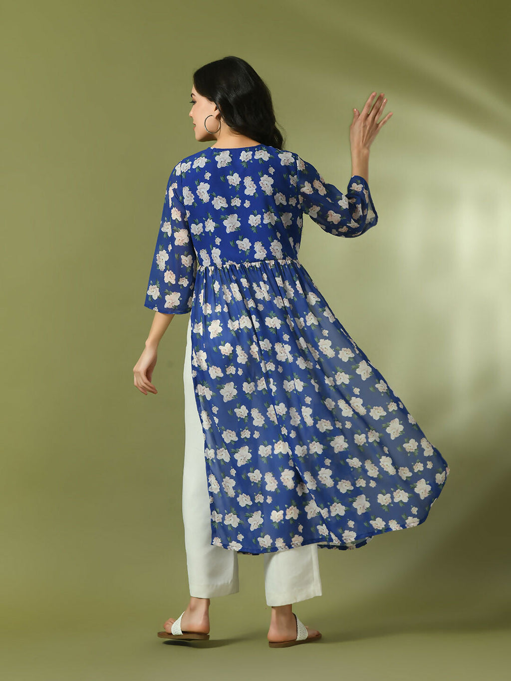 Myshka Women's Blue Printed Georgette A-Line Nyra-cut Kurta