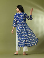 Myshka Women's Blue Printed Georgette A-Line Nyra-cut Kurta
