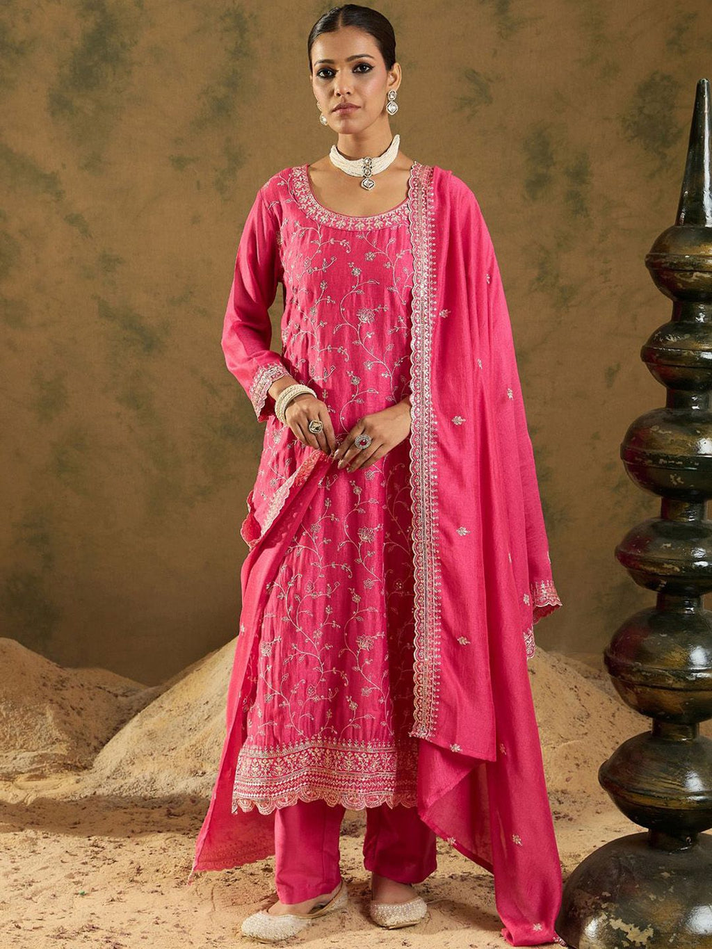 Indo Era Ethnic Motifs Embroidered Thread Work Kurta with Trousers & Dupatta - Distacart