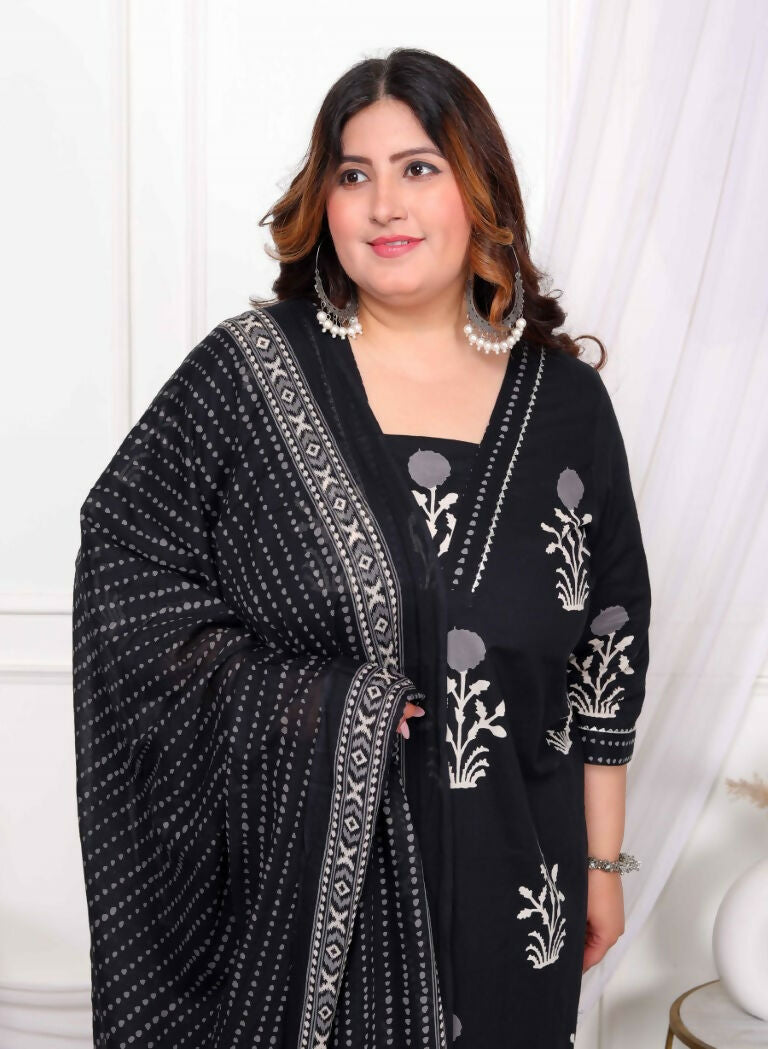 Miravan Women's Plus Size Cotton Gota Patti Black Floral Printed Straight Kurta Palazzo With Dupatta Set