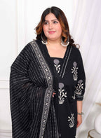 Miravan Women's Plus Size Cotton Gota Patti Black Floral Printed Straight Kurta Palazzo With Dupatta Set