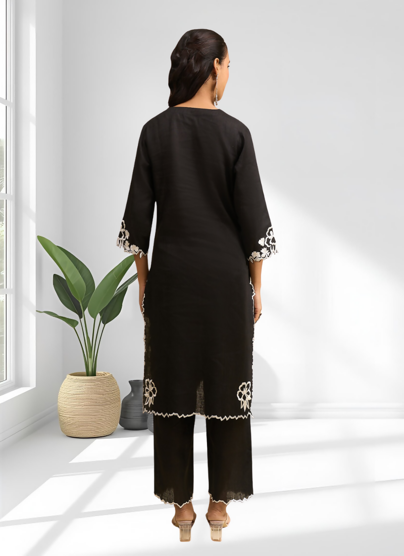 Joban Fashion Black Linen Embroidered Readymade Long Kurta With Pant - Distacart