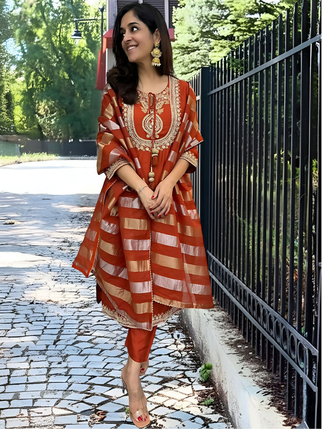 The52 Orange Women's Gorgeous Embroidered work Chanderi Fabric Straight Kurta, Pant and Dupatta Set - Distacart