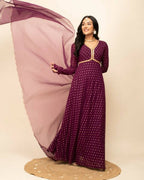 FIORRA Women's Wine Georgette Anarkali Kurta With Dupatta