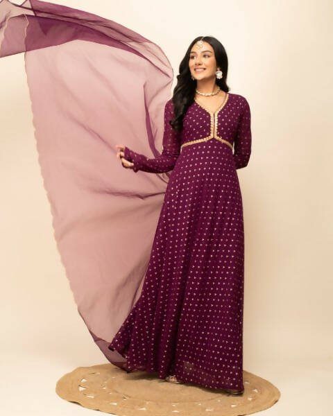 FIORRA Women's Wine Georgette Anarkali Kurta With Dupatta