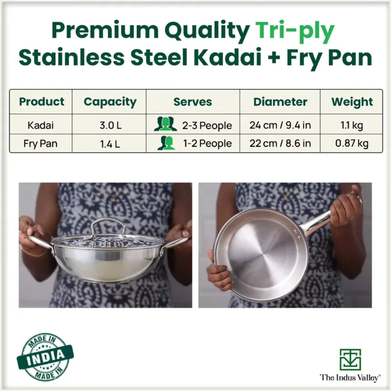 The Indus Valley TurboCuk Tri-ply Stainless Steel Cookware Set: 3L Kadai with Lid + 1.4L Fry Pan, Premium Quality, 3 Layer Thick Body, 100% Toxin-free, Non-stick, Induction & Gas - Distacart