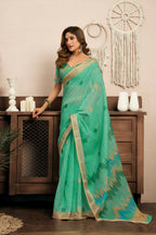 Joban Fashion Teal Green Ikkat Linen Ready To Wear Saree With Unstitched Blouse - Distacart