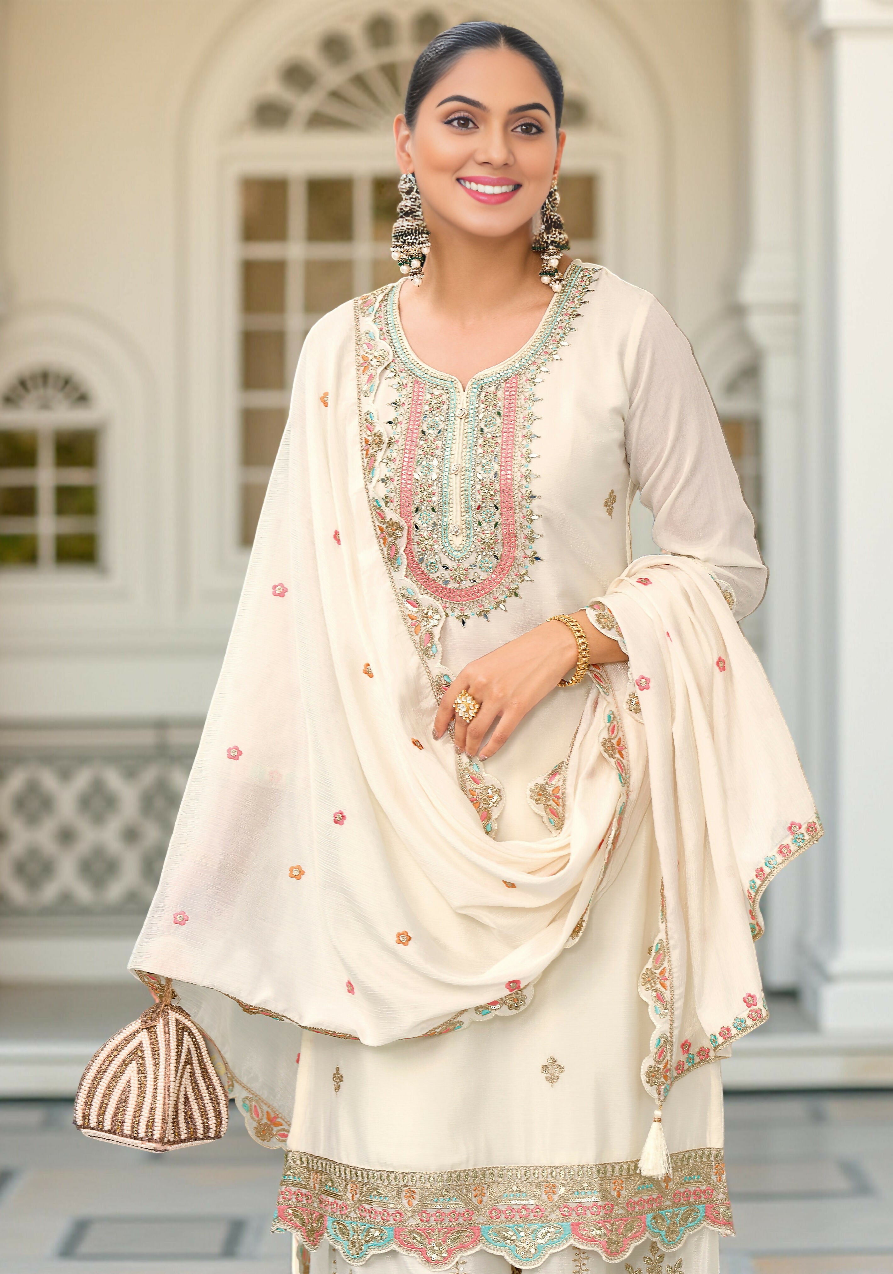 Ethnic Festive Wear White Primium Chinon Fabric Stitched Suit With Dupatta - Zeeya
