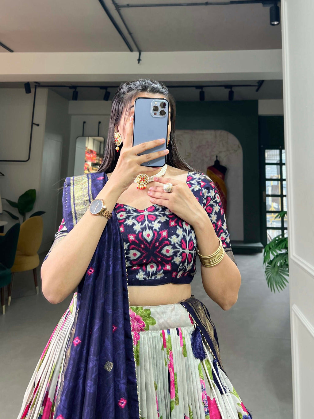 Vastranavya Floral And Patola Print With Foil Work Lehenga with Unstitched Blouse - Navy Blue