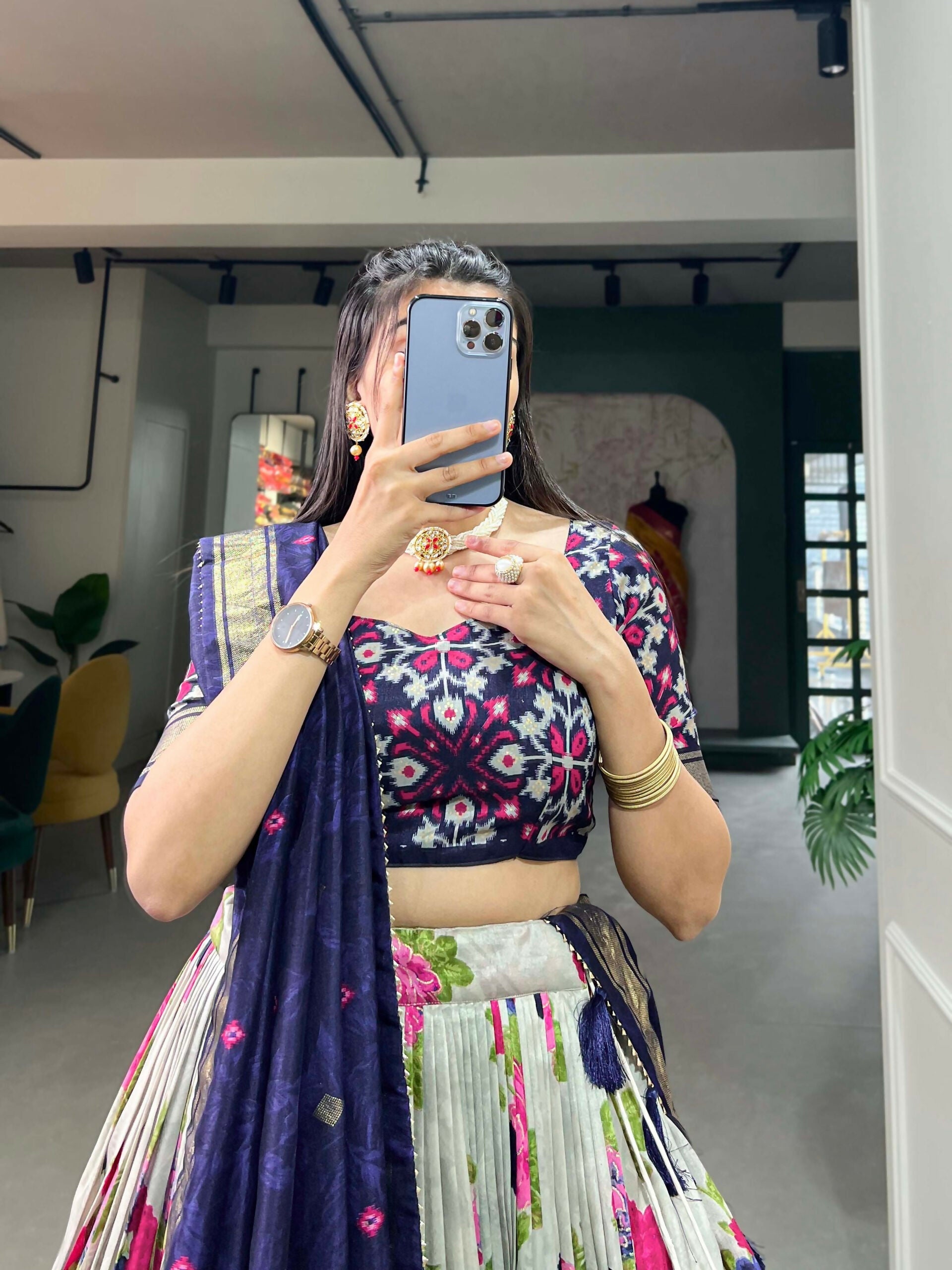 Vastranavya Floral And Patola Print With Foil Work Lehenga with Unstitched Blouse - Navy Blue