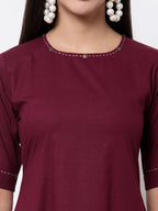 Myshka Women's Pure Cotton 3/4 Sleeve Round Neck Casual Maroon Dress