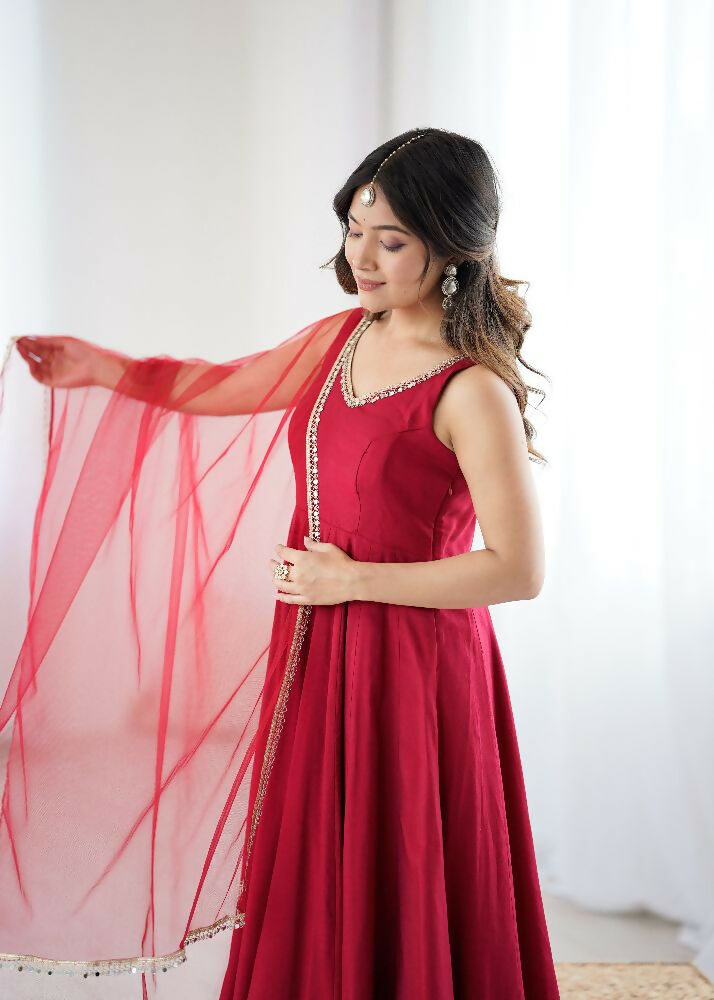 Joban Fashion Maroon Kurta Set Chanderi Sequence Embroidery Work - Distacart