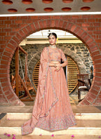 Peach Chinon Crushed Sequence and Thread Embroidery Work Lehenga Choli with Dupatta - Viharini
