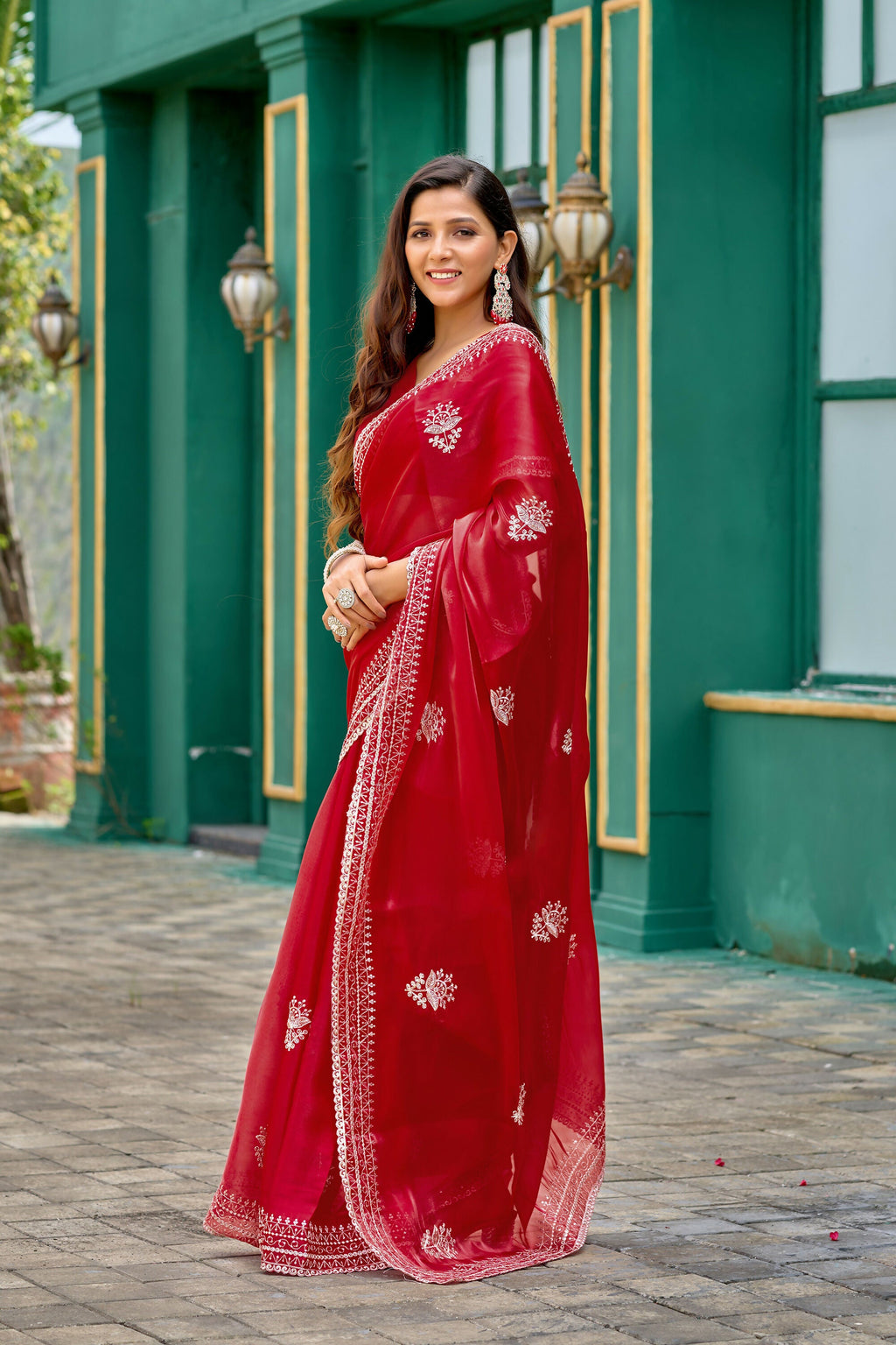 Vastranavya Red Embroidery Work Shimmer Chiffon Saree with Unstitched Blouse - Distacart