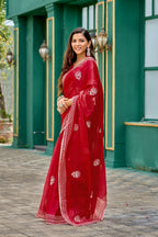Vastranavya Red Embroidery Work Shimmer Chiffon Saree with Unstitched Blouse - Distacart