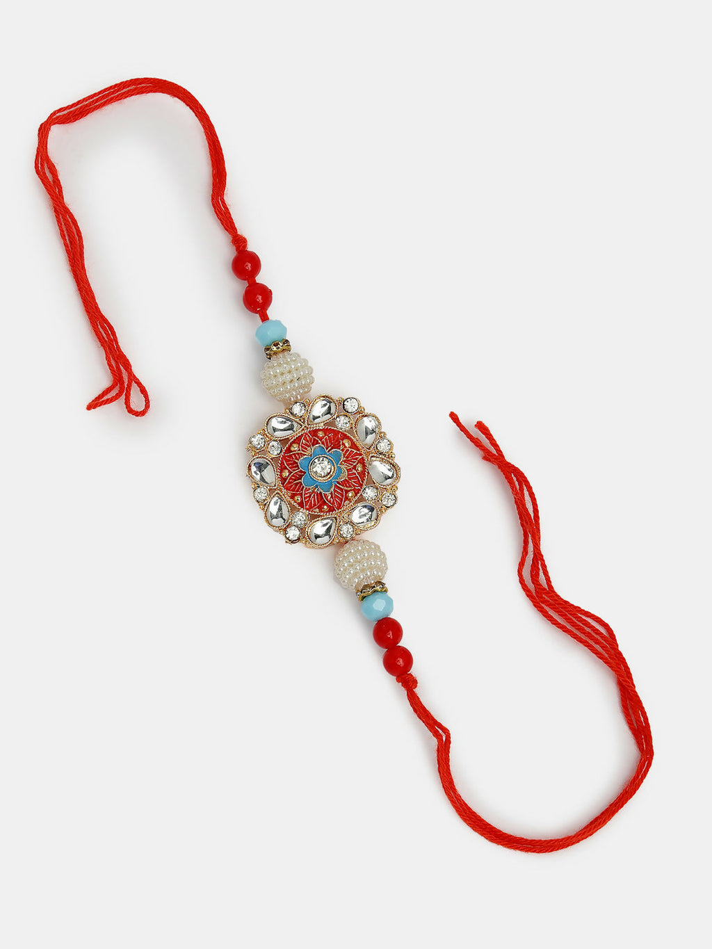 NVR Women & Men Set of 2 Red-colored Stone-Studded & Beaded Bhaiya Bhabhi Rakhi With Roli Chawal & Chocolate - Distacart