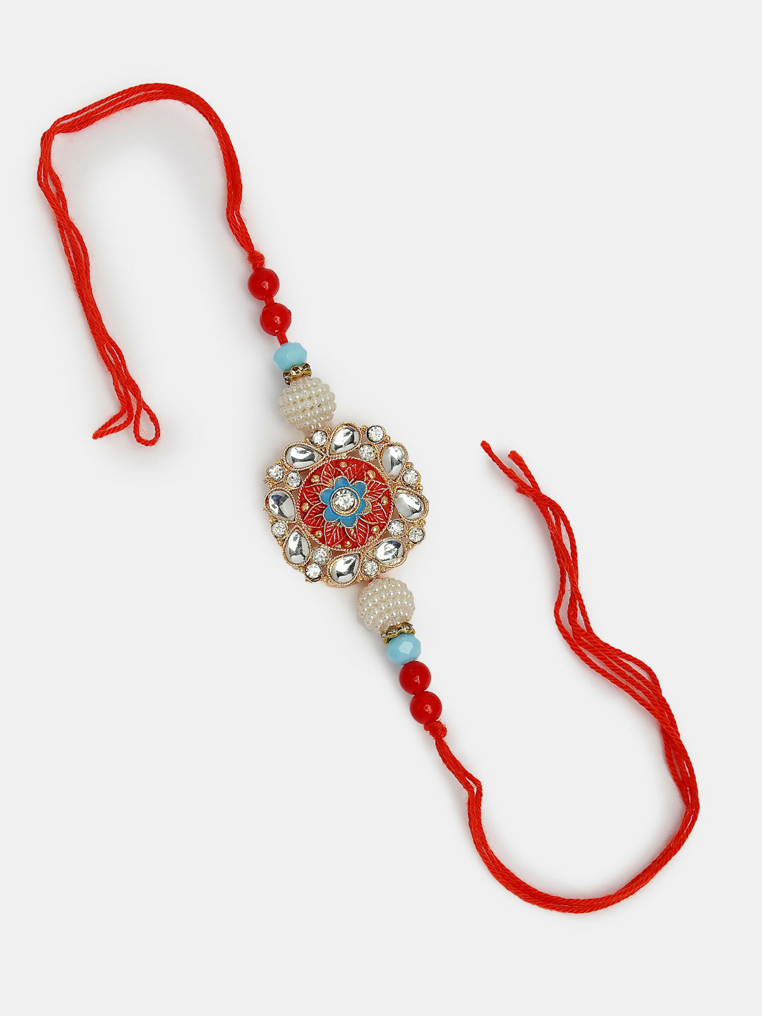 NVR Women & Men Set of 2 Red-colored Stone-Studded & Beaded Bhaiya Bhabhi Rakhi With Roli Chawal & Chocolate - Distacart