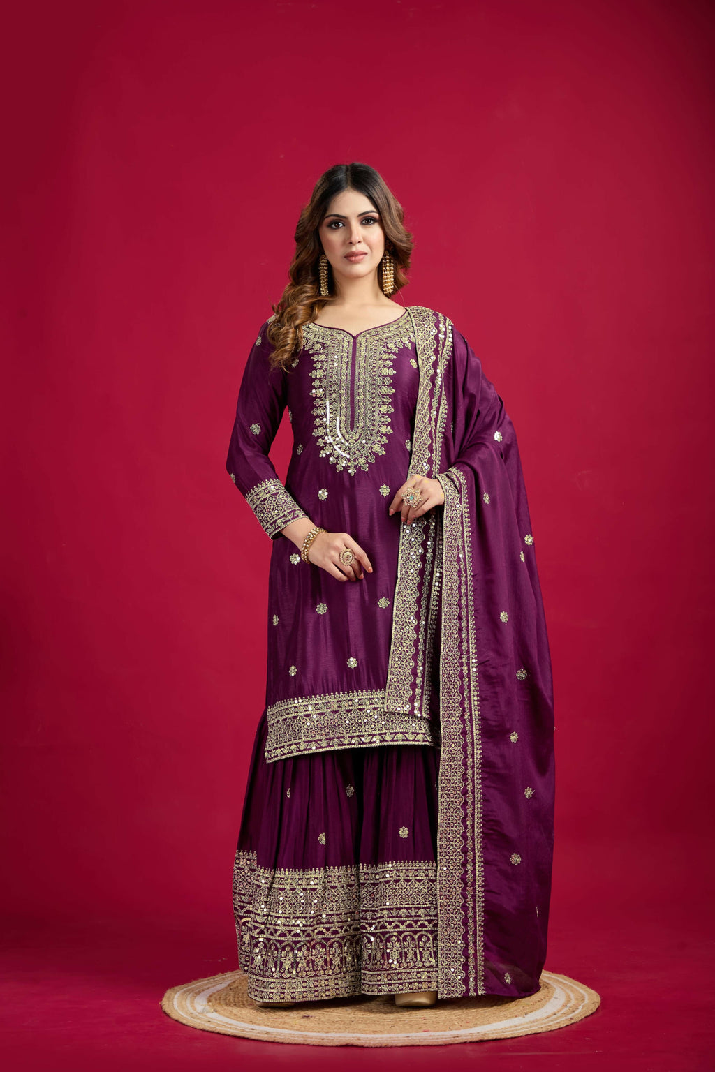 Joban Fashion Violet Kurta Set Silk Sequins , Zari, Coding & Thread Embroidered work - Distacart