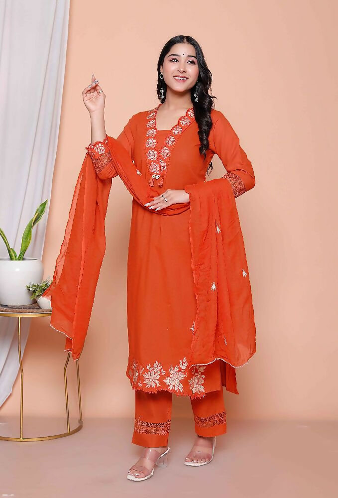 Miravan Womens Embroidered Cotton Kurta With Palazzo & Dupatta Set - Distacart