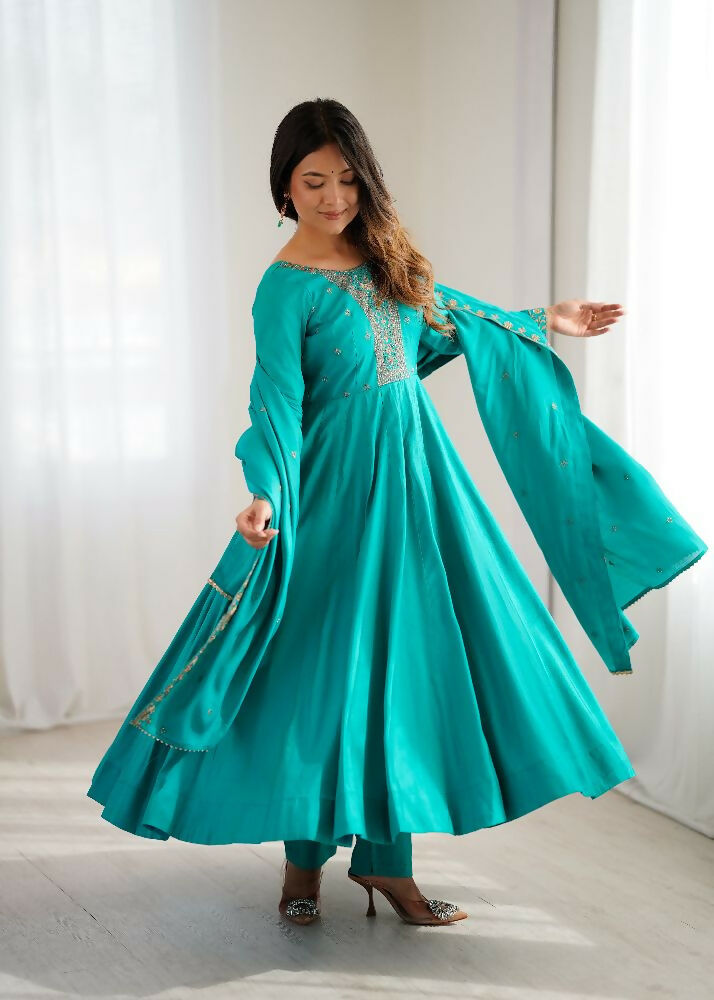 The52 Women's Beautiful Embroidery Work Shimmer Chanderi Silk Fabric Flared Anarkali Pant and Dupatta Set - Distacart