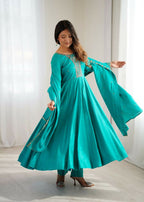 The52 Women's Beautiful Embroidery Work Shimmer Chanderi Silk Fabric Flared Anarkali Pant and Dupatta Set - Distacart