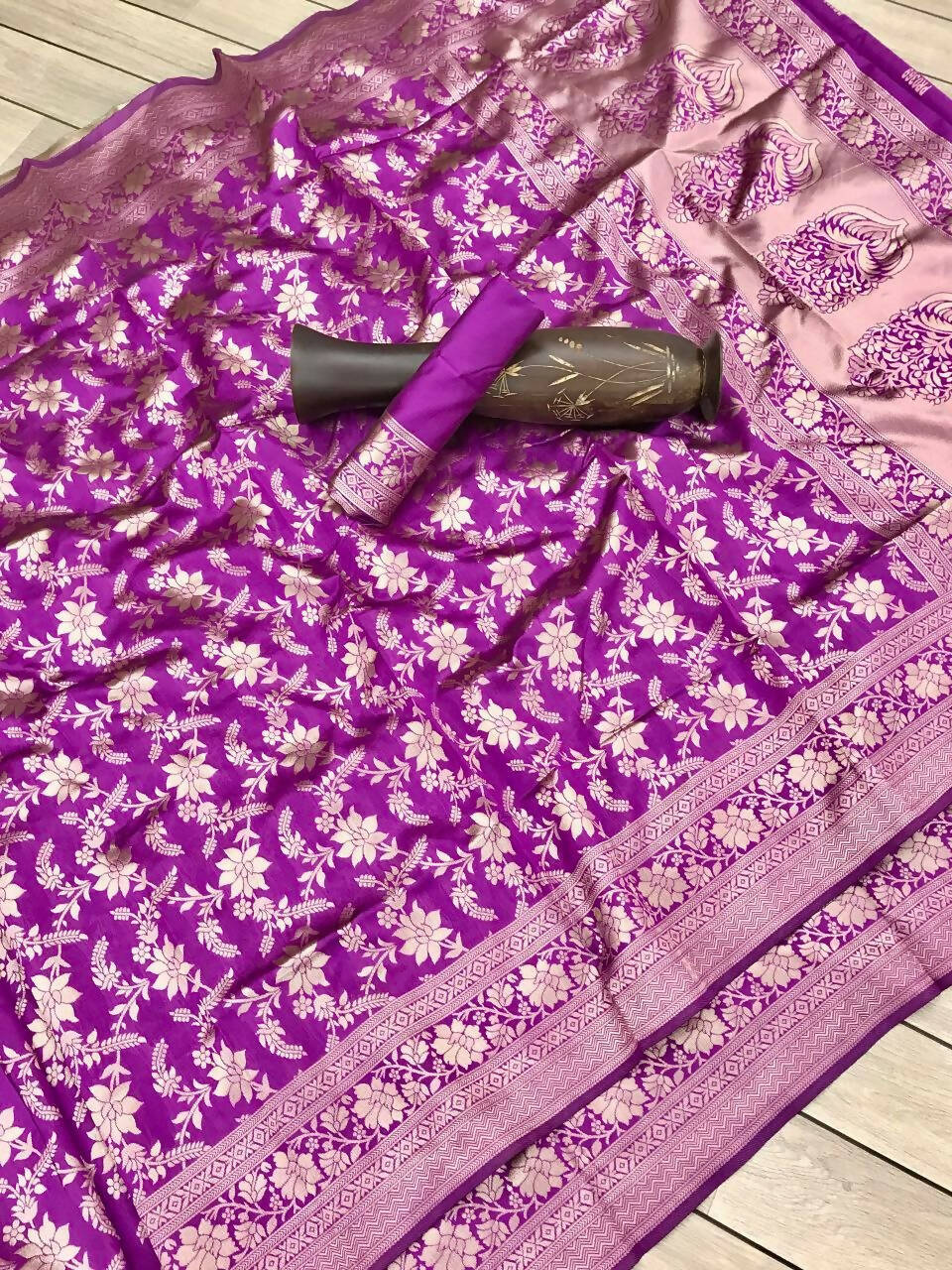 DEIANA'S Beautiful Designer Golden zari Soft Lichi Silk Saree - Wine