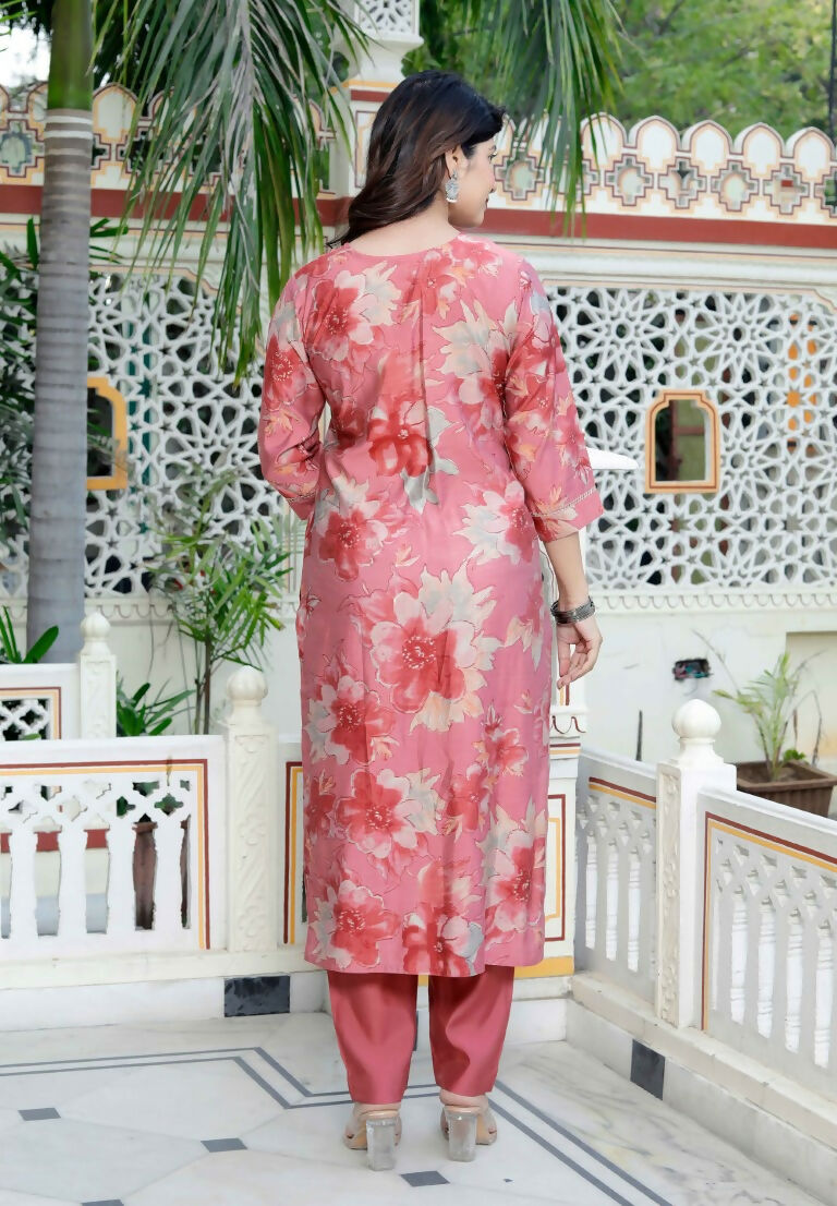 Miravan Women's Muslin Pink V-Neck Embroidered Kurta with Palazzo and Dupatta