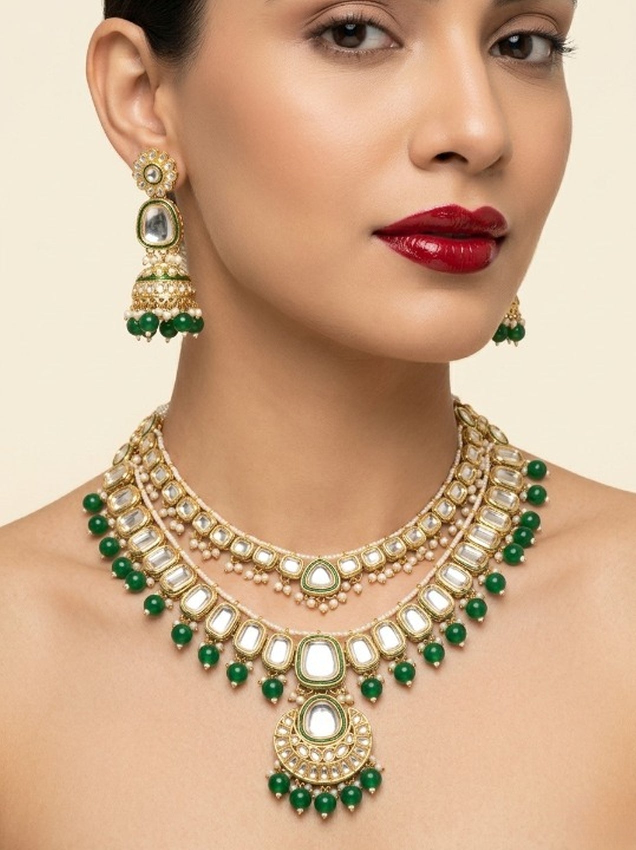 Jewel City Grand Kundan & Emerald Green Bead Necklace Set with Jhumka Earrings & Maang Tikka - Distacart