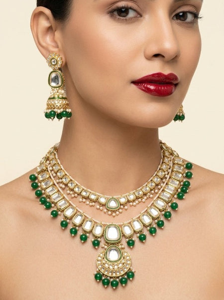 Jewel City Grand Kundan & Emerald Green Bead Necklace Set with Jhumka Earrings & Maang Tikka