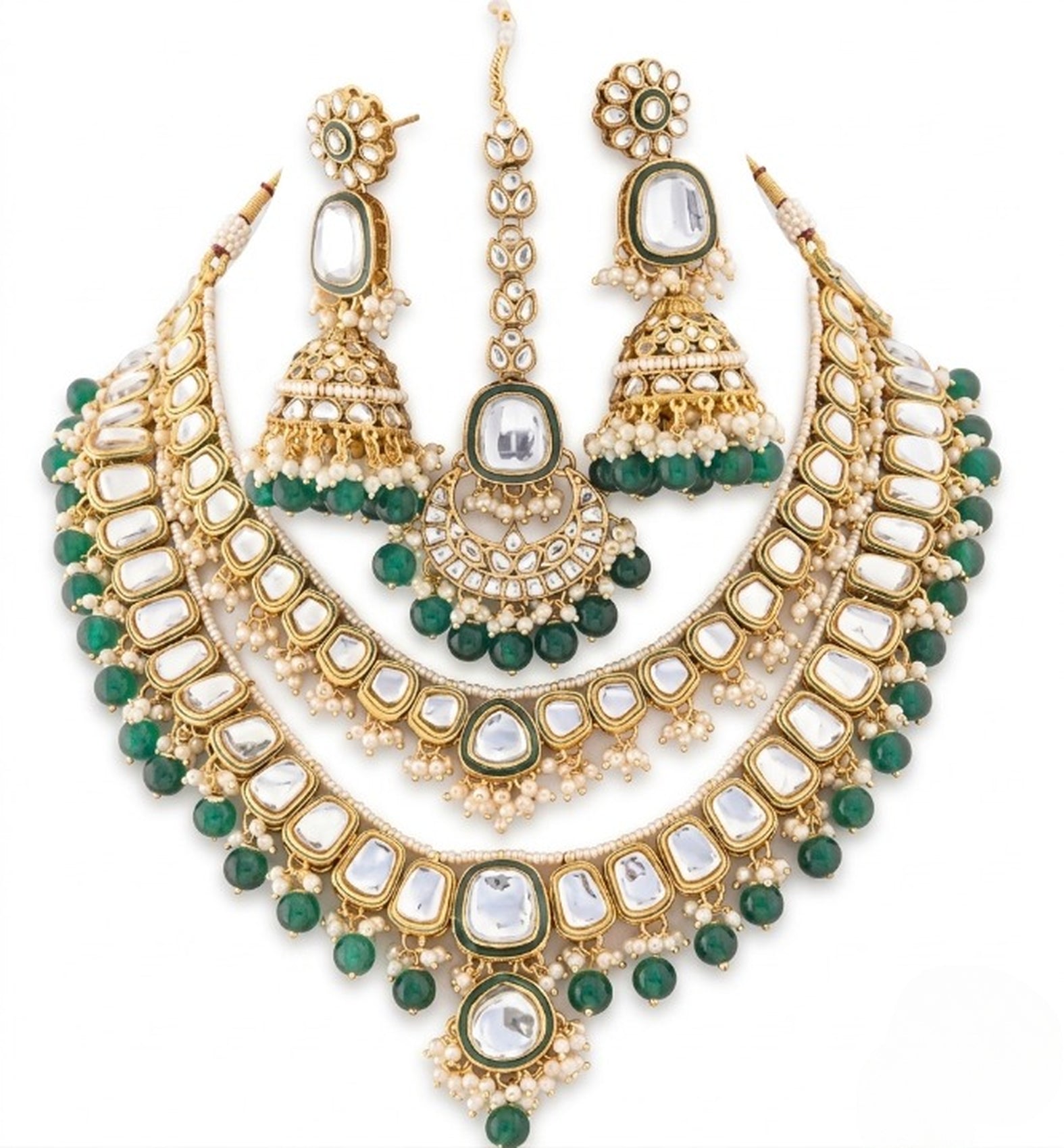 Jewel City Grand Kundan & Emerald Green Bead Necklace Set with Jhumka Earrings & Maang Tikka - Distacart