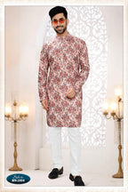 Joban Fashion Men's Cream Base Straight Rayon Thread Embroidery All Over Kurta Set