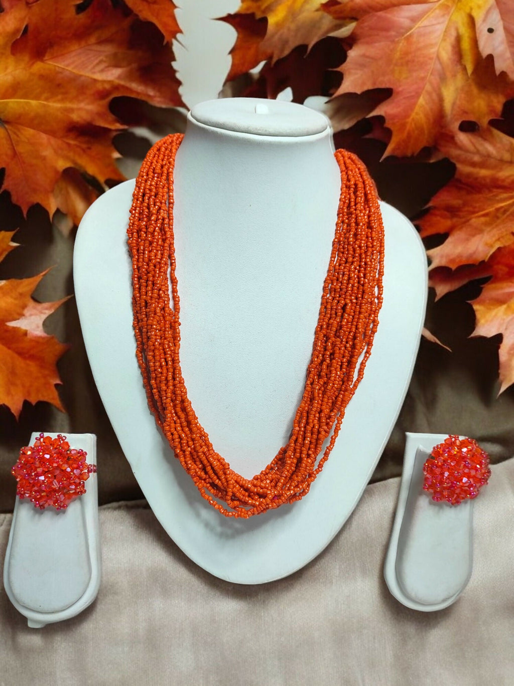 Inhanns Vibrant Handmade 20 Layers Beaded Necklace With Matching Earrings - Orange