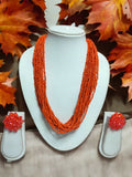 Inhanns Vibrant Handmade 20 Layers Beaded Necklace With Matching Earrings - Orange