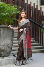 Beatitude Brown Cotton Jacquard Border Tangail Handloom Saree