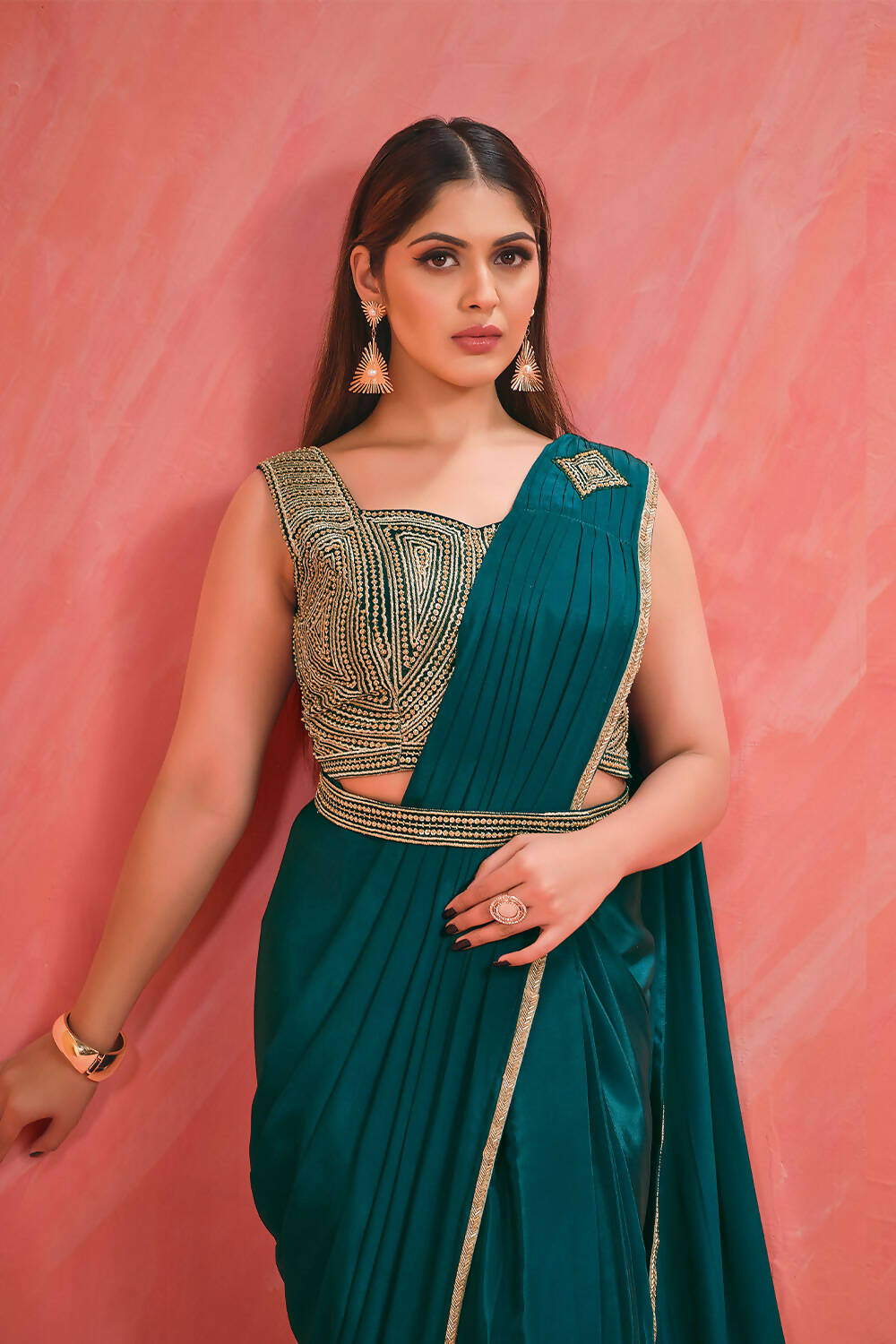 Light Teal Crepe Silk Georgette Jari, Sequence & Moti Work Saree With Stitched Blouse - Mohmanthan Elegancia - Distacart