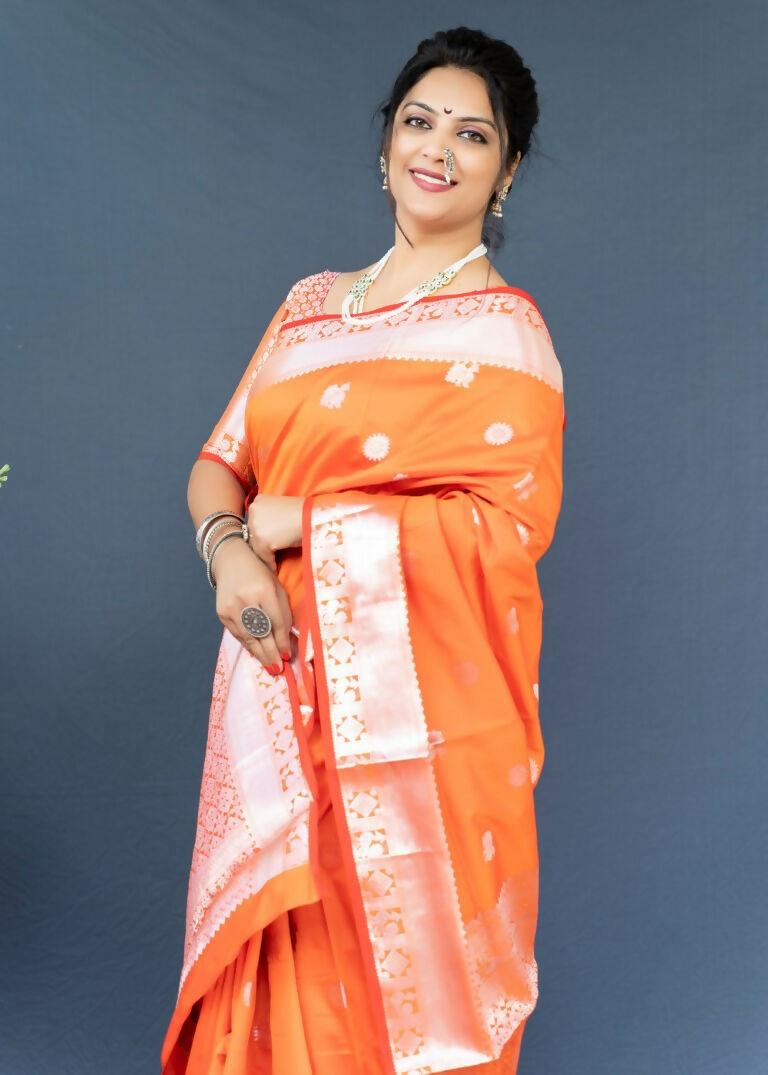 Jyoti Fashion Women's Orange Soft Banarasi Silk Zari Woven Saree with Blouse