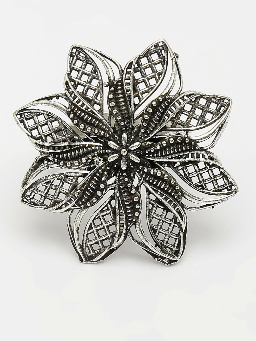 NVR Women's Silver-Toned Floral Shape Adjustable Finger Ring
