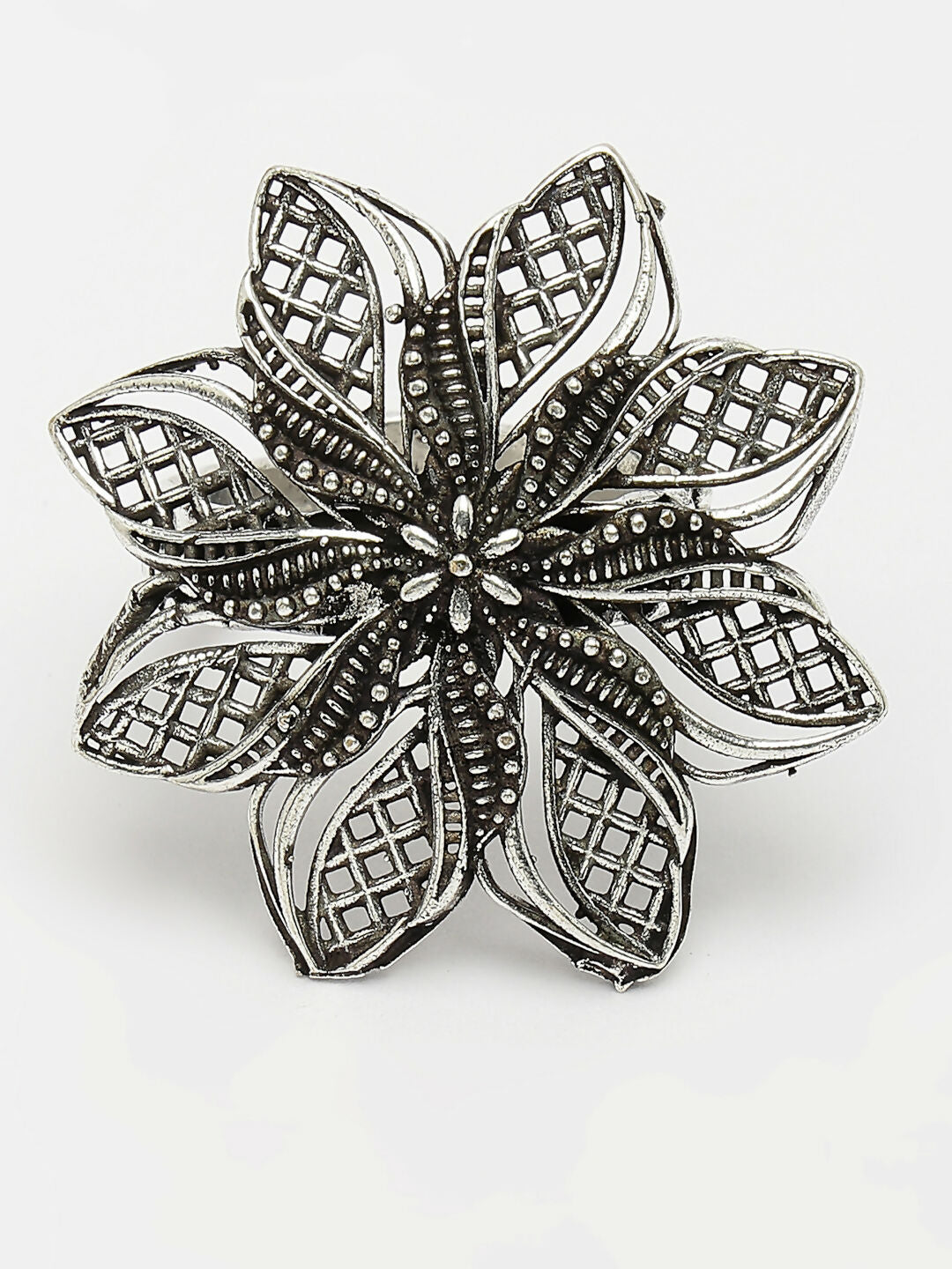 NVR Women's Silver-Toned Floral Shape Adjustable Finger Ring