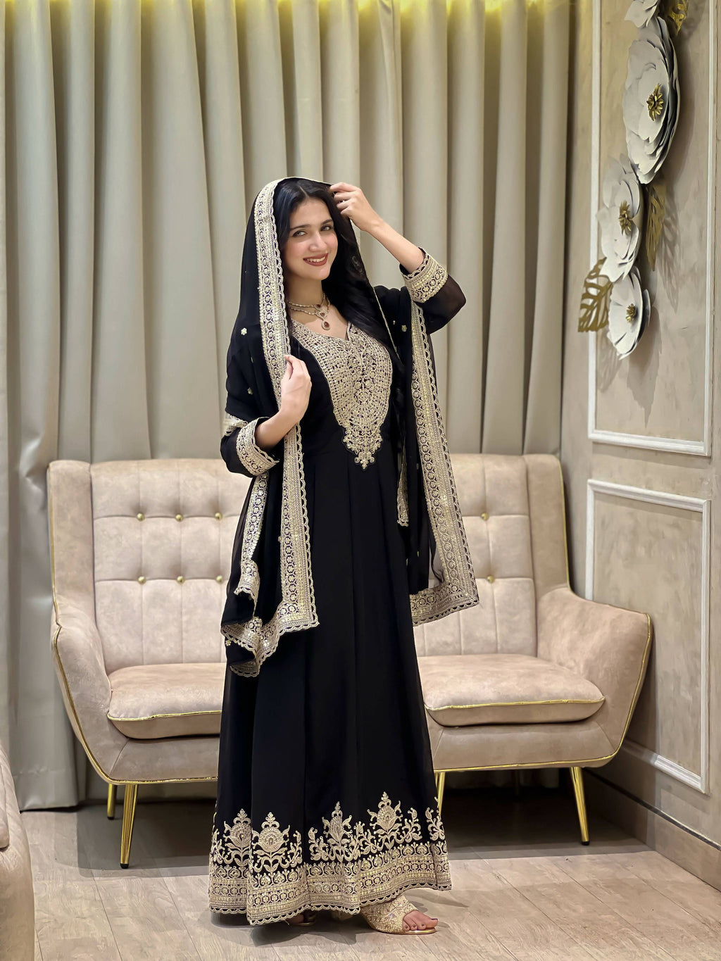 Teeya Creation Black Color Faux Georgette Embroidery Work Long Party Wear Gown