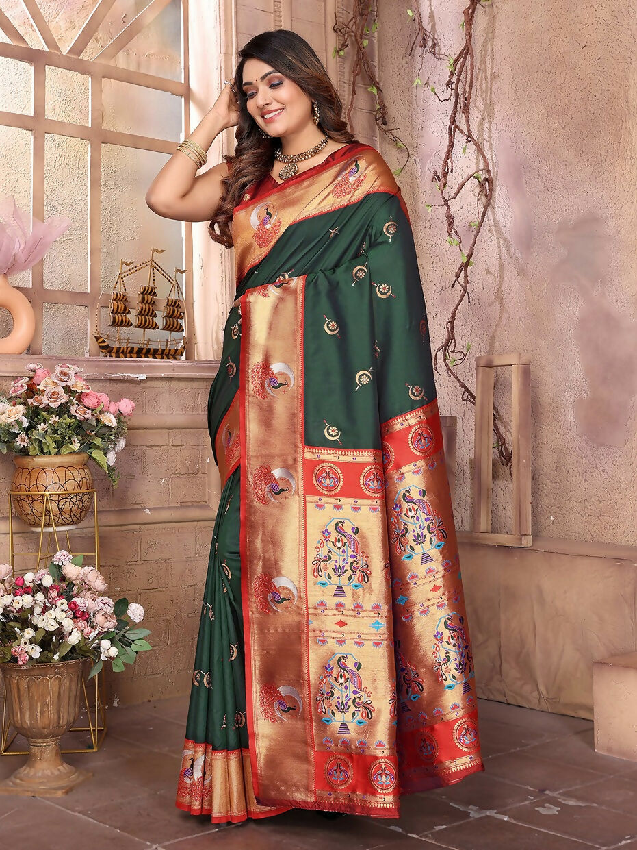 Joban Fashion Paithani Dark Green Woven Soft Silk Saree - Distacart