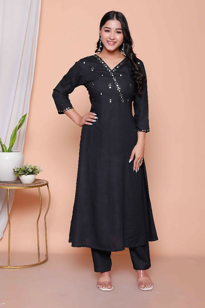 Miravan Womens Black Mirror Work Angrakha Kurta And Palazzo Set - Distacart
