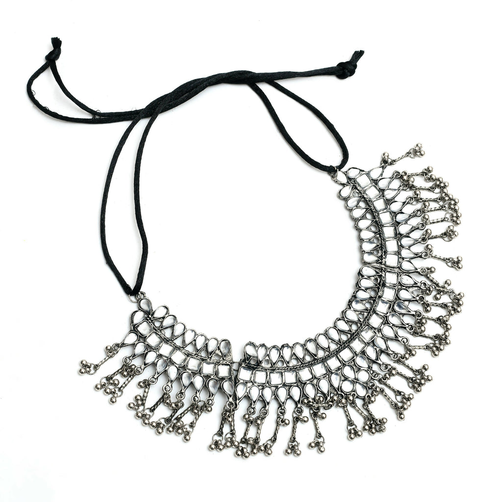 Mominos Fashion Johar Kamal Oxidised Silver-Plated Brass Finish Kundan Necklace For Women (Silver) - Distacart