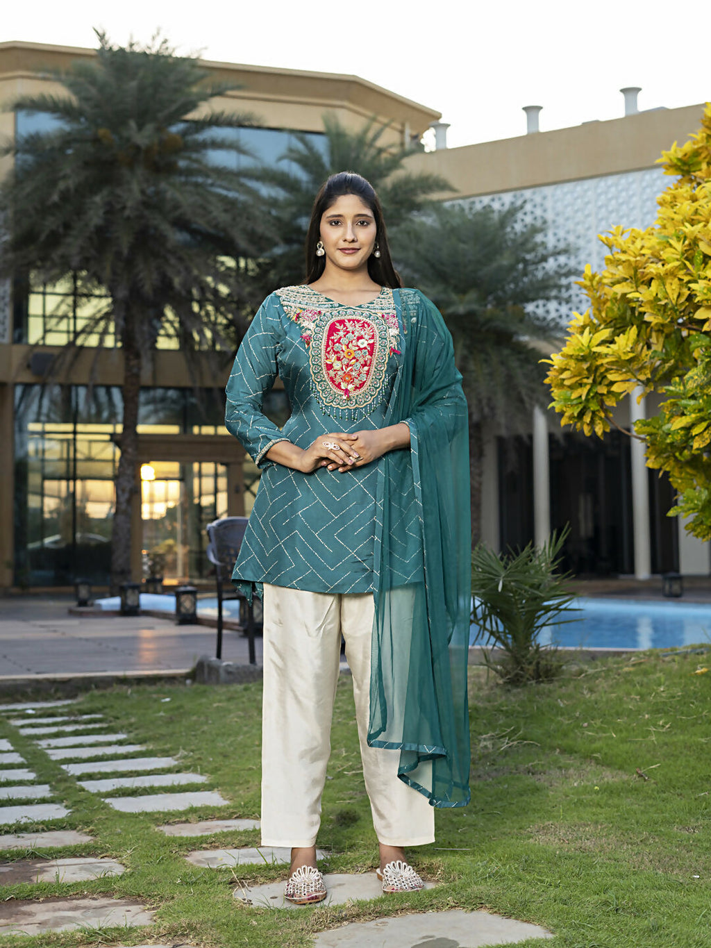 Joban Fashion Teal Blue Cotton Premium Pure Viscose Print Dola With Handwork Kurta set